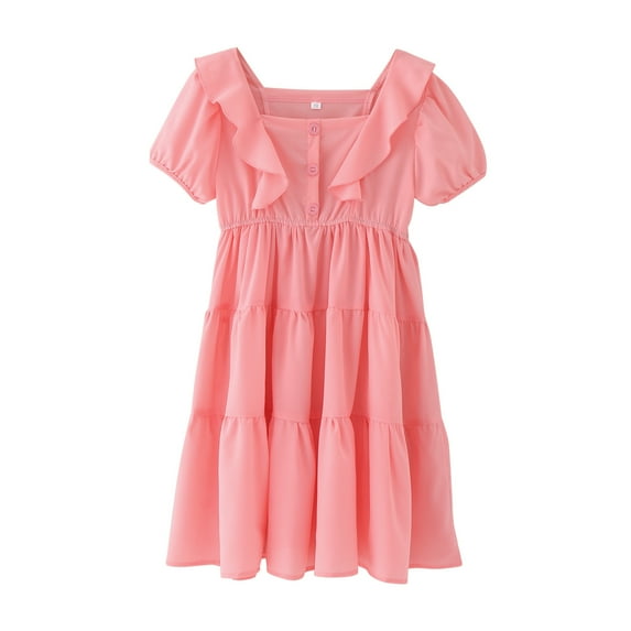 Hfolob Girls Casual Dresses Kids Short Sleeves Solid Color Maxi Lovely Dresses Party Outfit Birthday Gift 13-15 Years