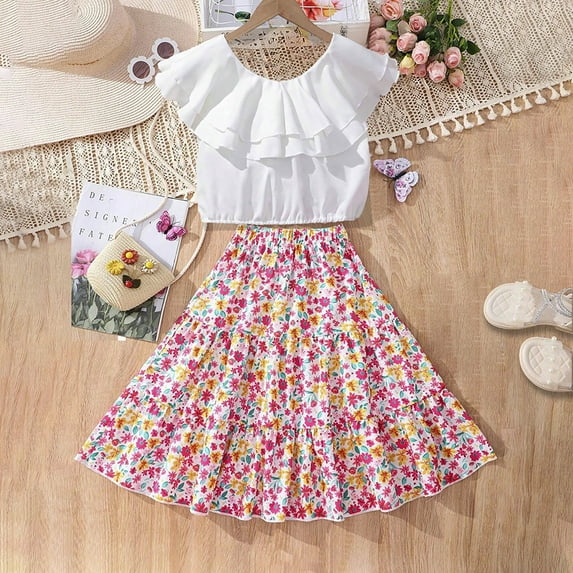 Hfolob Girls Summer Clothes 2 Piece Ruffled Comfortable Sleeveless Solid Color Blouse Floral Loose Skirt Kids Girl's Clothing Sets 7-8 Years