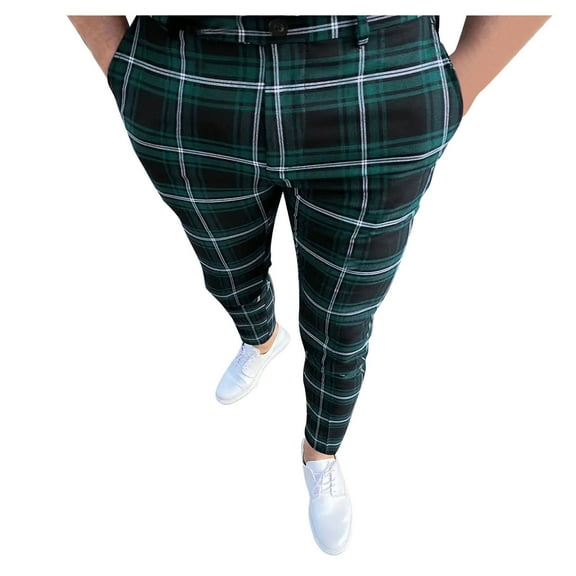 Hfolob Men's Casual Pants Mens All Seasons Fashion Leisure Plaid Print Pocket Zipper Button Feet Pants Suit Pants Breathable