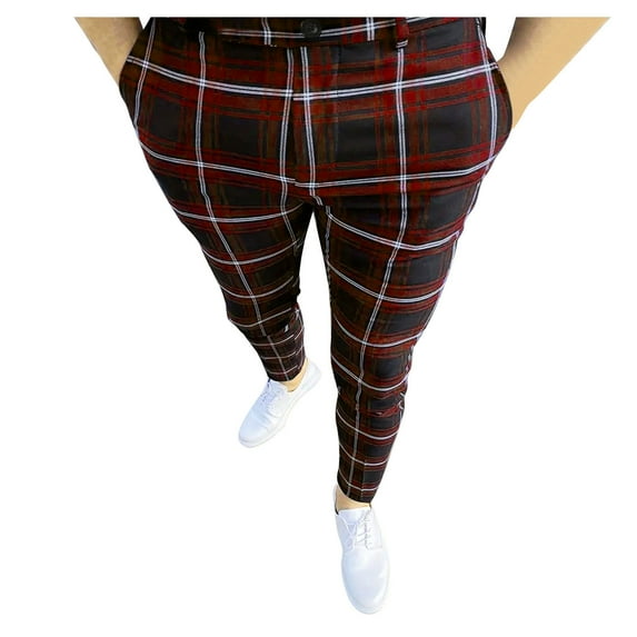 Hfolob Men's Casual Pants Mens All Seasons Fashion Leisure Plaid Print Pocket Zipper Button Feet Pants Suit Pants Classic