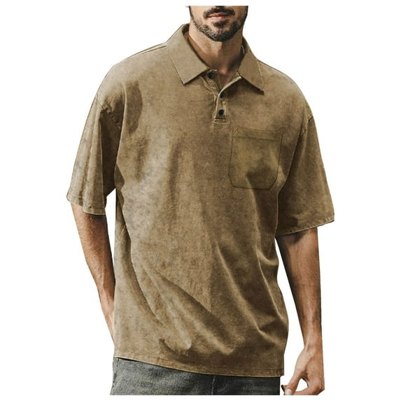 Hfolob Men's Classic Polo Shirt Male Summer Washed Lapel Button Down Blouse Heavy Oversize Vintage To Do Old Casual Short Sleeve Men's Shirt
