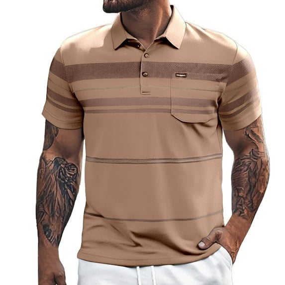 Hfolob Men's Golf Polo Shirts Short Sleeve Color Blocked Striped Lapel Button Open Neck Pocket Loose Comfort Shirt Lightweight Summer Casual Tee Size XL