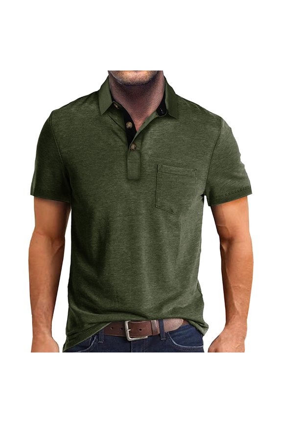 Men's Golf Polo Shirts Short Sleeve Spring Solid Color Lapel Button Striped Lightweight Summer Casual Tee Size M