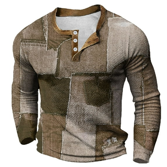 Hfolob Men's Polo Shirt Male Large Size Base Shirt Print Casual Collarless Long Sleeve Button Shirts Beach Shirt