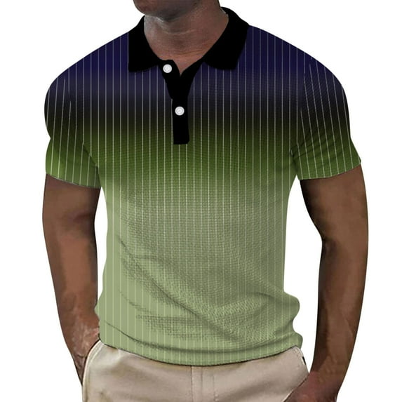 Hfolob Men's Polo Shirt Male Spring Summer Plaid Shirt Button Up Lapel Top Gradient Graphic Print Turndown Outdoor Street Short Sleeve Shirt Classic Fit