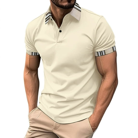 Hfolob Men's Polo Shirt Male Turndown Collar Solid Color Short Sleeve Sports Blouse Beach Shirt