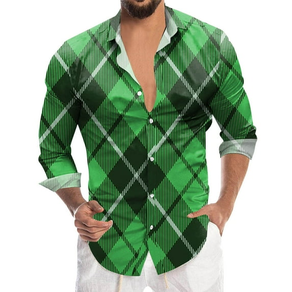 Hfolob Men's Shirt Mens St. Patrick's Day Print Button Lapel Long Sleeve Shirt Top Stylish
