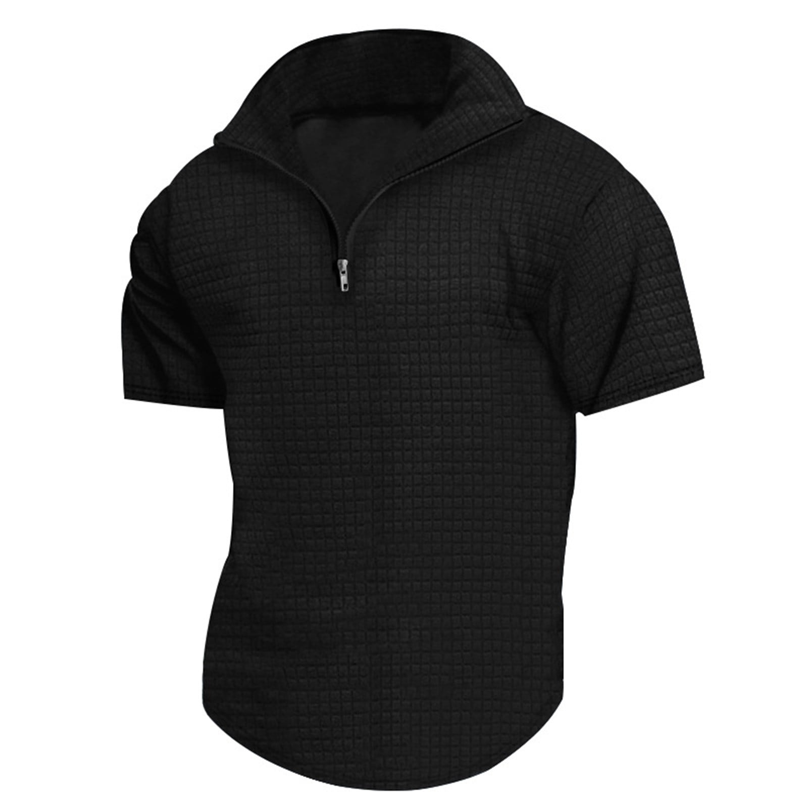 Hfolob Mens Polo Shirts Male Casual Striped Solid Color Suit With Zipper Short Sleeve Shirt With