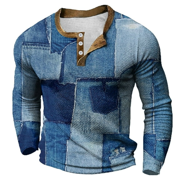 Hfolob Mens Polo Shirts Male Large Size Base Shirt Print Casual Collarless Long Sleeve Button Shirts Beach Shirt