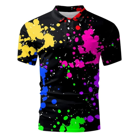 Hfolob Mens Polo Shirts Male Large Size Base Shirt Print Casual Collarless Shirt Button Short Sleeve Shirt Classic Fit