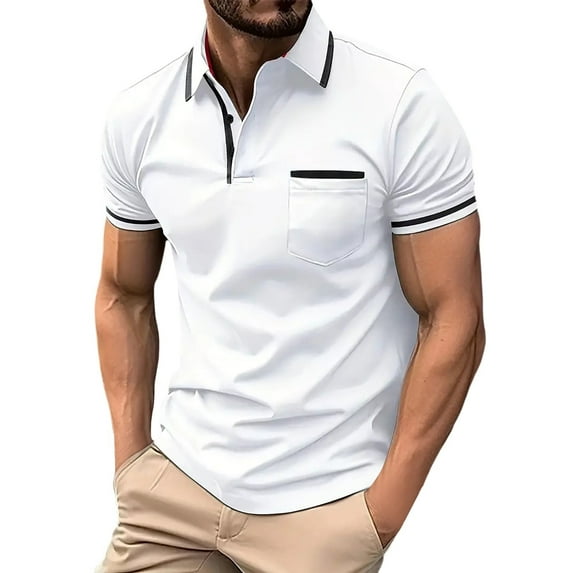 Hfolob Mens Polo Shirts Male Spring Business Lapel Shirt Bottoming Shirt Short Sleeve Shirt Patchwork Top Beach Shirt
