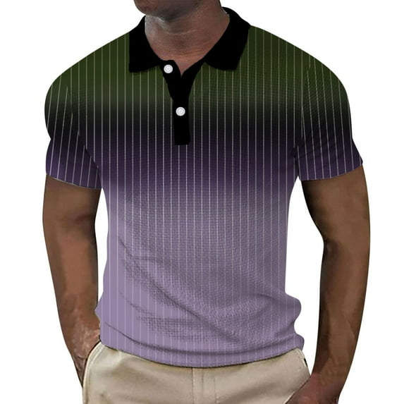 Hfolob Mens Polo Shirts Male Spring Summer Plaid Shirt Button Up Lapel Top Gradient Graphic Print Turndown Outdoor Street Short Sleeve Print Blouse Beach Shirt