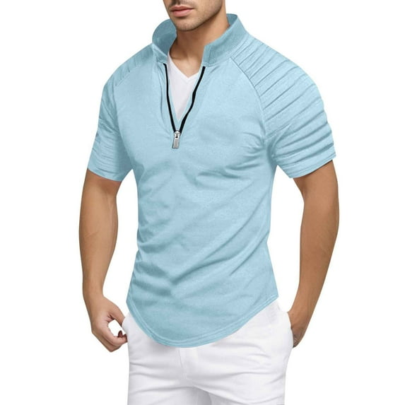 Hfolob Mens Polo Shirts Short Sleeve Slim Fit Zipper Stretch Shoulder Pleated Zip Up Stylish Casual Summer Beach Vintage Tops Size L