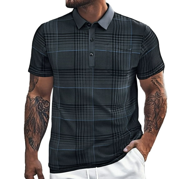 Hfolob Mens Polo Shirts Short Sleeve Striped Grid Lapel Button Open Neck Pocket Loose Comfort Sports Shirt Casual Summer Beach Vintage Tops Size 4Xl