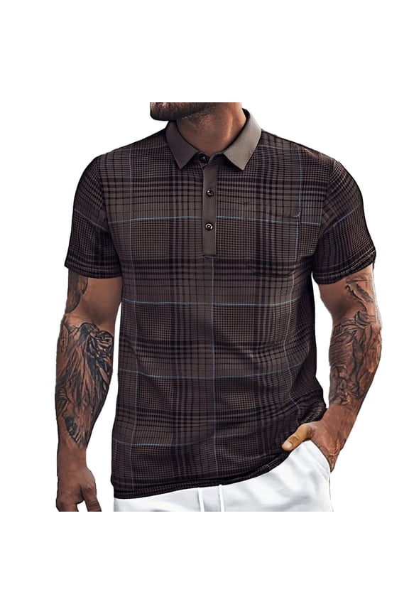 Mens Polo Shirts Short Sleeve Striped Grid Lapel Button Open Neck Pocket Loose Comfort Sports Shirt Casual Summer Beach Vintage Tops Size L
