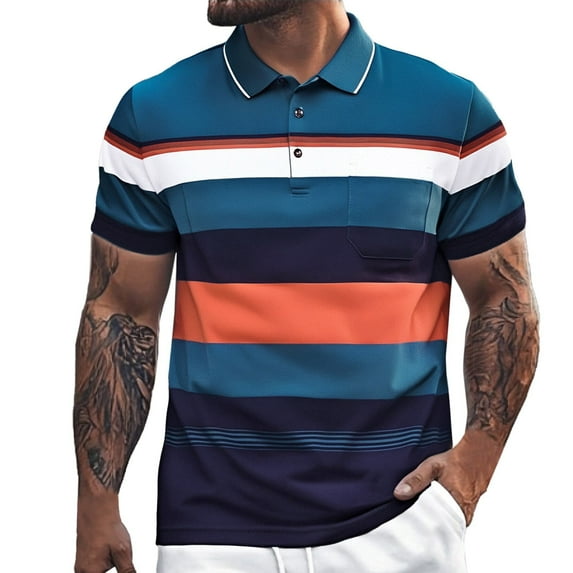 Hfolob Mens Short Sleeve Polo Shirts Color Blocked Striped Lapel Button Open Neck Pocket Loose Comfort Shirt for Fathers Day Gifts Size 2Xl