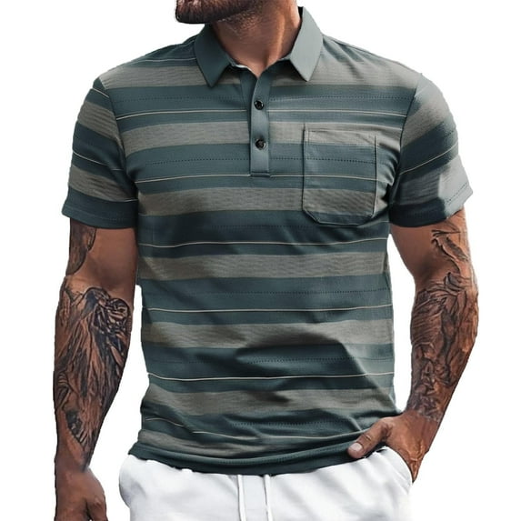 Hfolob Mens Short Sleeve Polo Shirts Color Blocked Striped Lapel Button Open Neck Pocket Loose Comfort Shirt for Fathers Day Gifts Size 2Xl