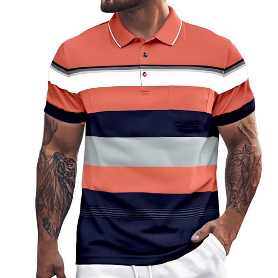 Hfolob Mens Short Sleeve Polo Shirts Color Blocked Striped Lapel Button Open Neck Pocket Loose Comfort Shirt for Fathers Day Gifts Size M