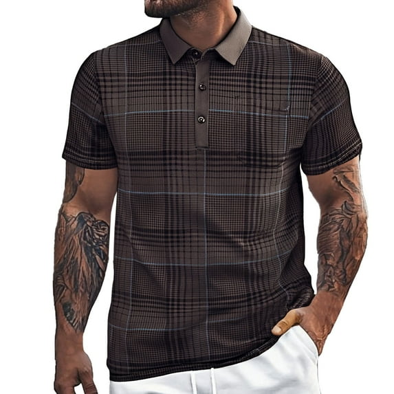 Hfolob Mens Short Sleeve Polo Shirts Striped Grid Lapel Button Open Neck Pocket Loose Comfort Sports Shirt for Fathers Day Gifts Size 2Xl