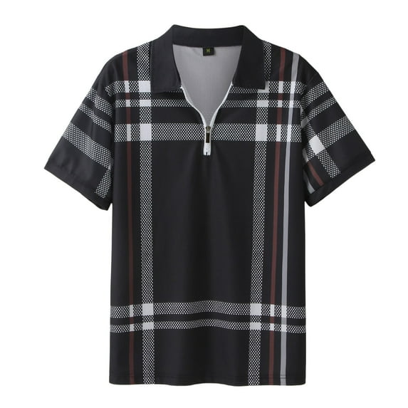 Hfolob Mens Short Sleeve Polo Shirts Striped Grid Lapel Button Open Neck Pocket Loose Comfort Sports Shirt for Fathers Day Gifts Size M