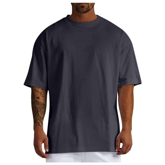 Hfolob Mens T Shirt Male Summer Pure Cotton Oversized Shirt Solid Color Large Size Short Sleeve Round Shoulder Sleeve Top Classic Soft Tees