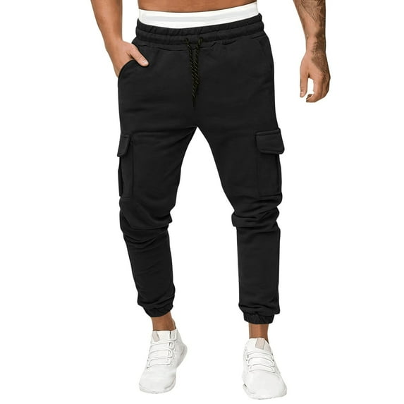 Hfolob Pants For Men Casual Waist Color Sports Hat Multi Woven Pocket Foot Rope Solid Pants Street Cargo Tie Men's Pants Loose-Fit Style