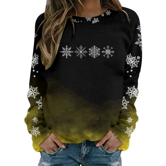 Hfolob Sweatshirt For Women Gradient Snowflake Print Crew Neck Long Sleeve Casual Sweatshirts For Women Relaxed Fit Tops