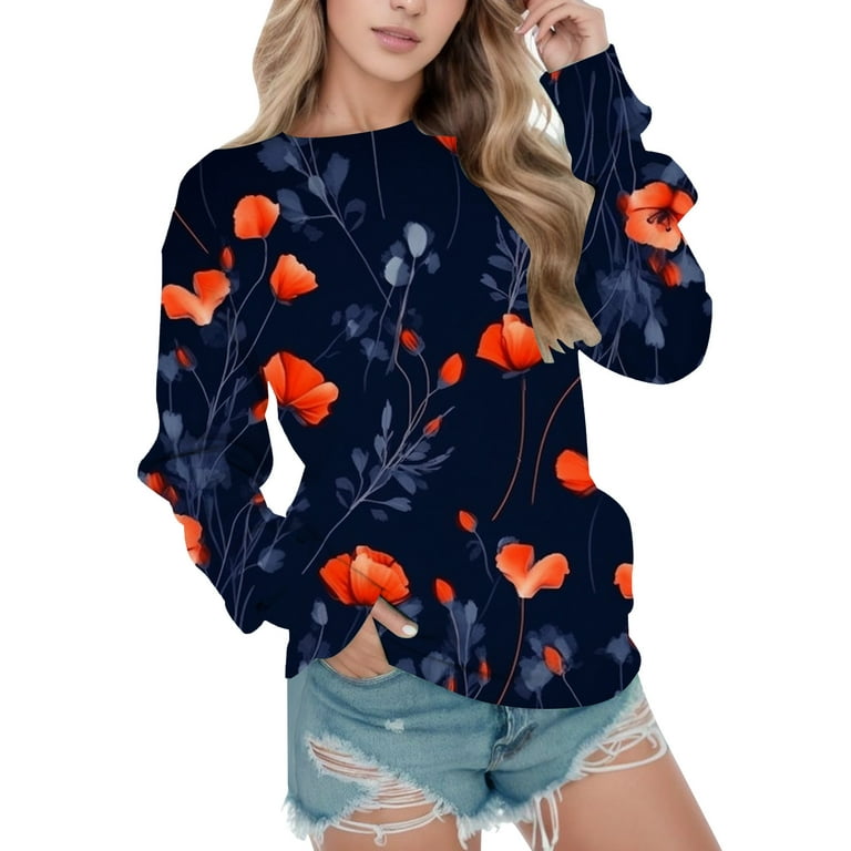 Hfolob Sweatshirts For Women Womens Casual Print Crew Neck Sweatshirt Long  Sleeve Top Cute Pullover Loose Casual Version Pullover Fashion Clothes 