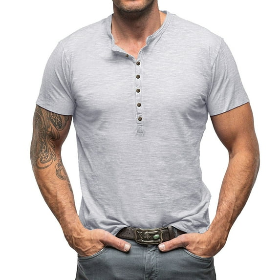 Hfolob T-Shirts For Men Male Spring Summer Short Sleeve Henley Solid Color Multi Buttons Design Top T Shirt Tee Shirt