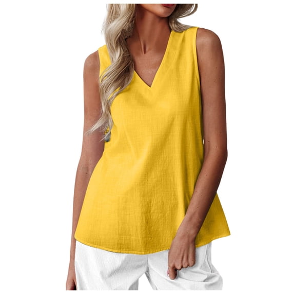 Hfolob Women's Casual Tank Tops Solid Color Cotton Linen Vest Sleeveless Vest Tanks Shirts