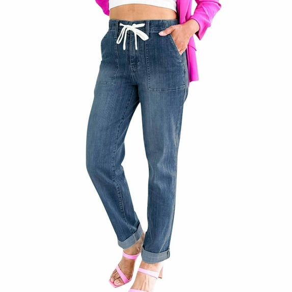 Hfolob Women's Jeans Women Casual Simple Fashion Strap Zipper Jeans Half Elastic Waist Casual Pocket Straight Denim Trousers Jeans For Women