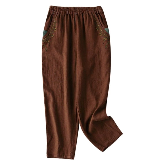 Hfolob Women's Pants Casual Ladies Cotton Embroidered Boho Vintage Loose Fit Lace Hem Leisure Pants Summer Lightweight Trouser