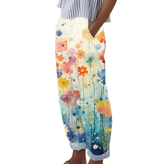 Hfolob Womens Casual Pants Women Fashion Elastic Waist Pant With Pocket Loose Harem Pants Print Crop Pants Relaxed Fit