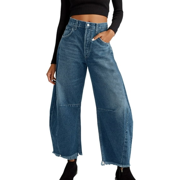 Hfolob Womens Jeans Women Baggy Wide Leg Jeans Barrel Boyfriend Cropped Hem Denim Pants Jeans For Women