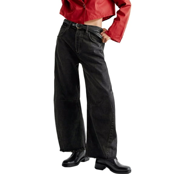 Hfolob Womens Jeans Women Baggy Wide Leg Jeans Barrel Boyfriend Cropped Hem Denim Pants Trendy