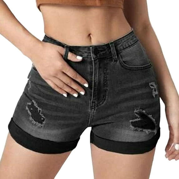 Hfolob Womens Jeans Women's Rhinestone Denim Shorts Mid Waist Ripped Hem Tessles Stretchy Jean Shorts With Pockets Trendy
