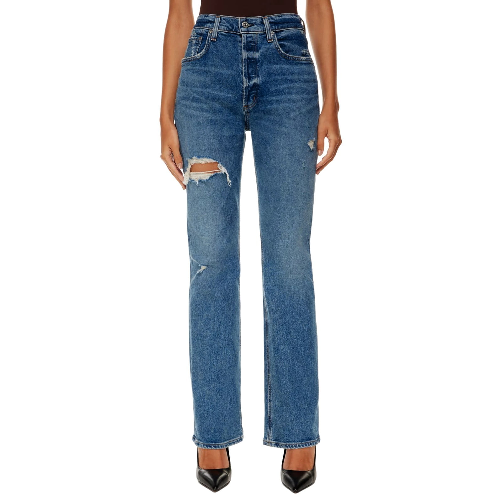 High Waist Rivet Button Straight Wide-Leg Denim Jeans Pants for Women