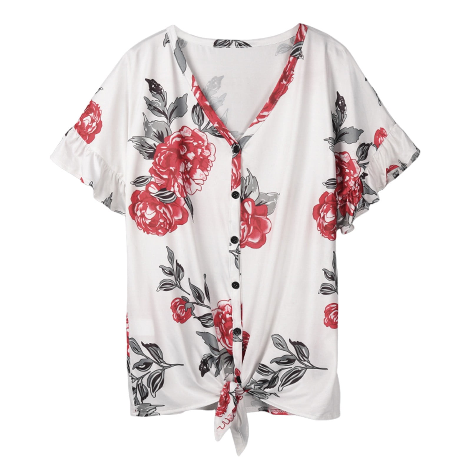 Hfolob Womens Tops Ladies Short Sleeve V Neck Button Down Shirt Tie