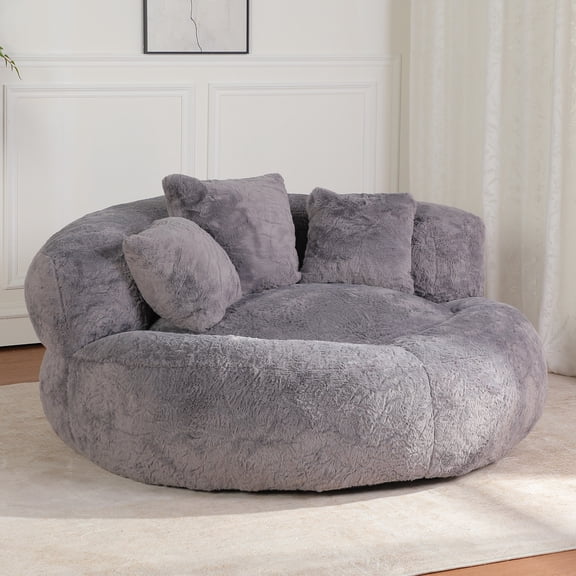 Hforesty 55" W Giant Adult Round Faux Fur Foam Filled Bean Bag Sofa With 3 Back Pillows,No Assembly