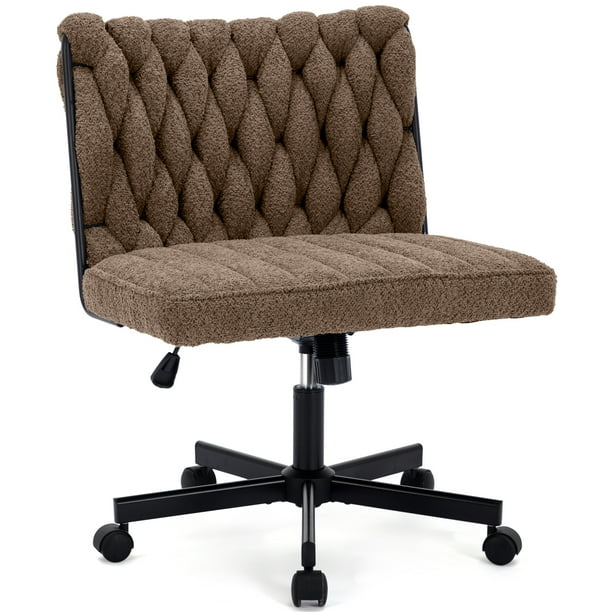 Hforesty Armless Office Desk Chair with Wheels Brown Cross Legged Wide Seat Chair Home Office Task Chairs for Makeup Vanity Bedroom