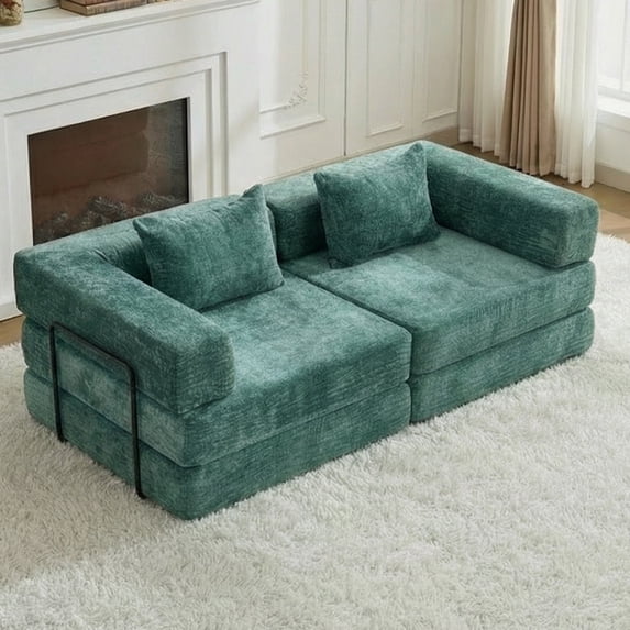 Hforesty Modular Chenille Fabric Compression and No Assembly Required Convertible Floor Sofa Bed Loveseat, Green