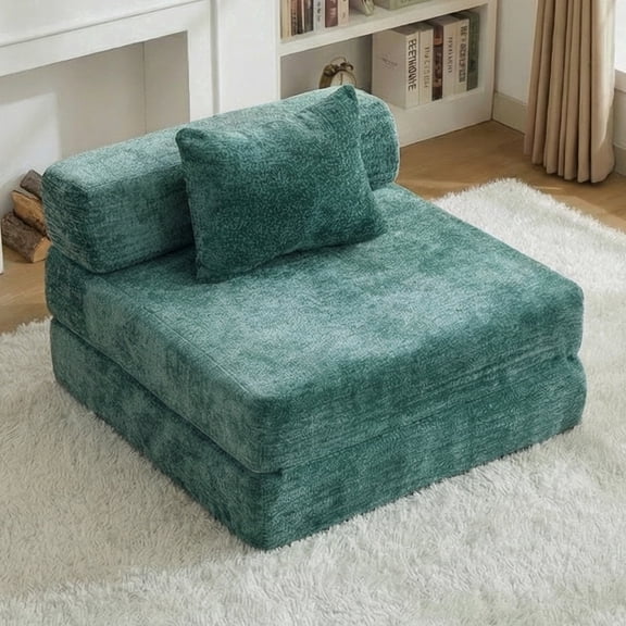 Hforesty Compression Convertible Floor Sofa Bed,Single Seater Boneless Modular Couch,No Assembly Required,Chenille Fabric, Green