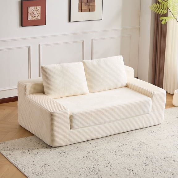 Hforesty Convertible Folding Sofa Bed for Living Room,Sleeper boneless cloud Couch with pullout bed and Pillows Foldable Floor Chair ,loveseat Lounge Sofa for bedroom,corduroy(WHITE)