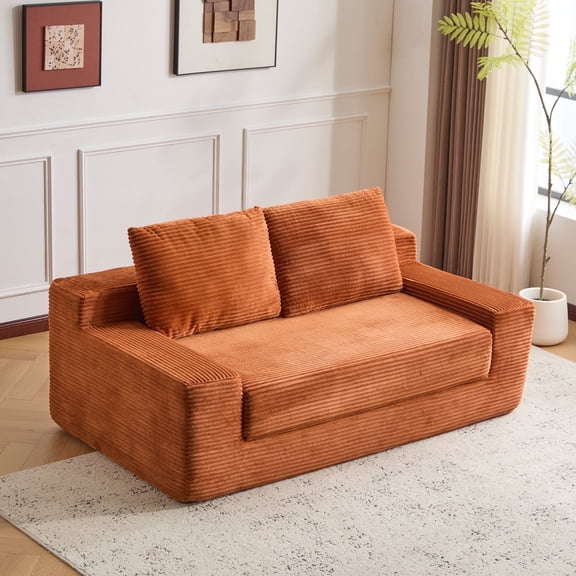 Hforesty Convertible Folding Sofa Bed for Living Room,Sleeper boneless cloud Couch with pullout bed and Pillows Foldable Floor Chair ,loveseat Lounge Sofa for bedroom,corduroy(ORANGE)