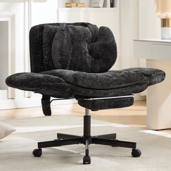 Hforesty Cross Legged Office Chair, Inflatable Flip-up Back & Wide Seat, 5-Position Armrests & Footrest, Desk Chair for Home Office, Black