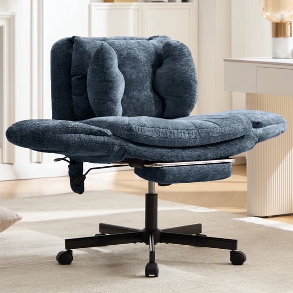 Hforesty Cross Legged Office Chair, Inflatable Flip-up Back & Wide Seat, 5-Position Armrests & Footrest, Ergonomic Task Chair for Home Office, Navy