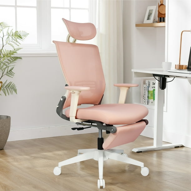 Hforesty Foldable Office Chair with Footrest,Pink Ergonomic Mesh Office
