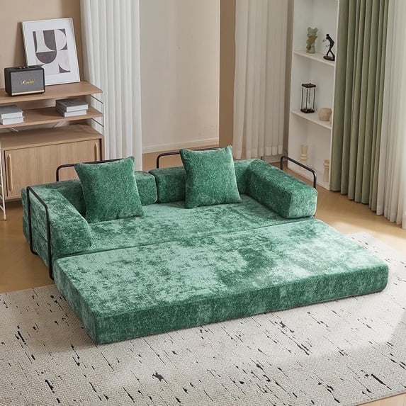 Hforesty Folding Convertible Sleeper Sofa Bed,Compressed Floor Boneless Couch,Modular Sofa for Living Room or Bedroom,No Assembly(DARK-GREEN)chenill