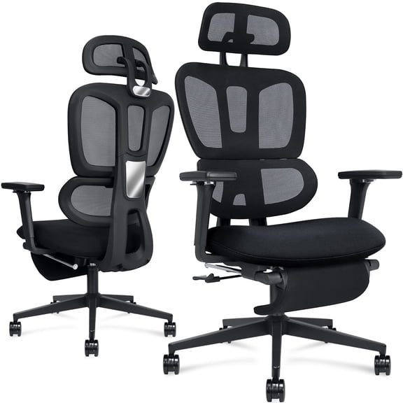 Hforesty Home Office Chair with Retractable Footrest & 4D Armrests – Reclining Ergonomic Mesh Desk Chair for Work, Study or Nap, Black