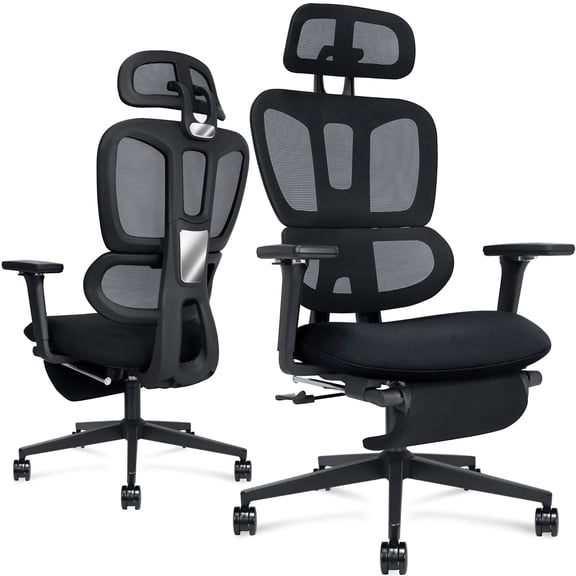 Hforesty Ergonomic Home Office Chair with Retractable Footrest & 4D Armrests, Reclining Mesh Chair with Lumbar Support, Black